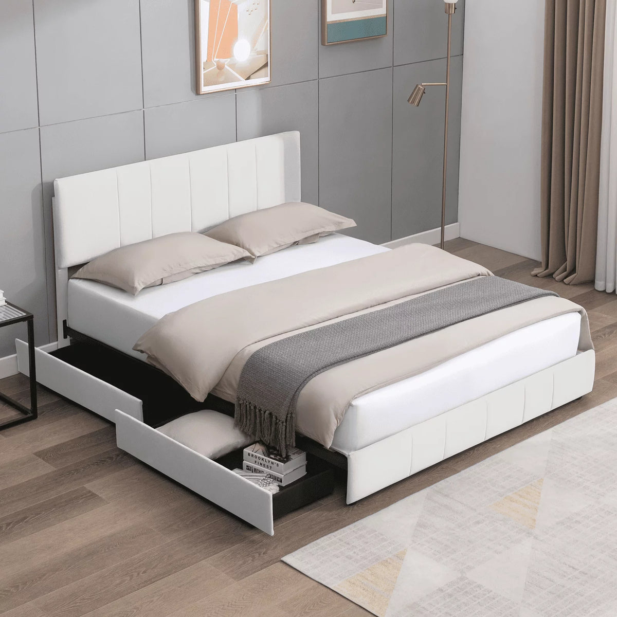 King Size Platform Bed Frame with 4 Storage Drawers and Adjustable Headboard D7569