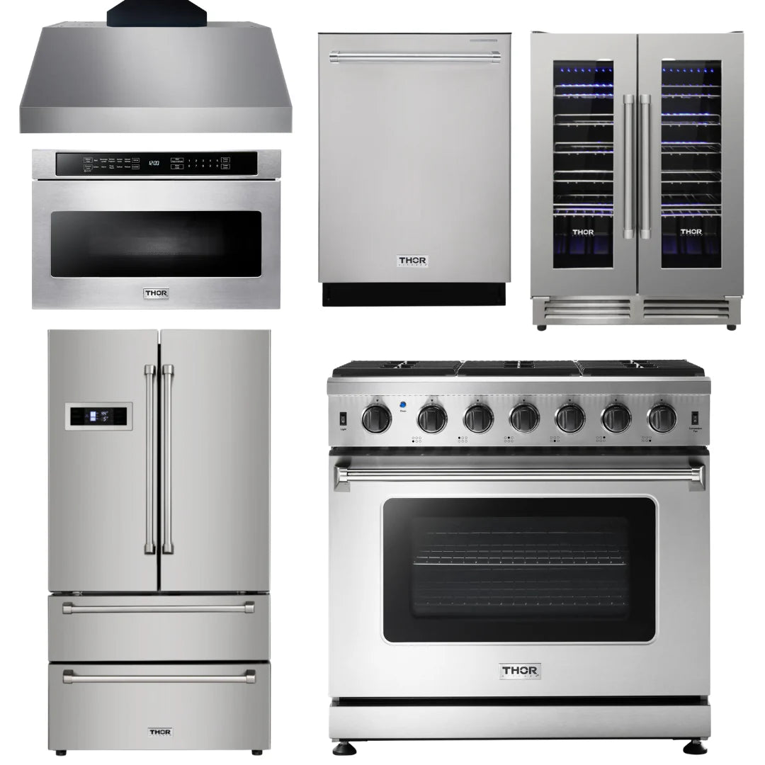 36 Propane Gas Range, Range Hood, Microwave, Refrigerator, Dishwasher, Wine Cooler A403