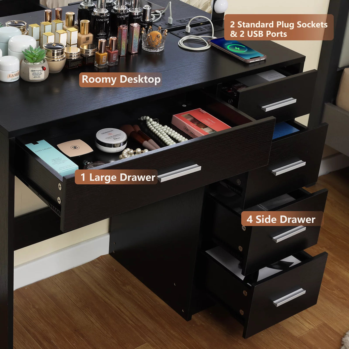 Black Makeup Vanity Table with Lighted Mirror and Stool C686