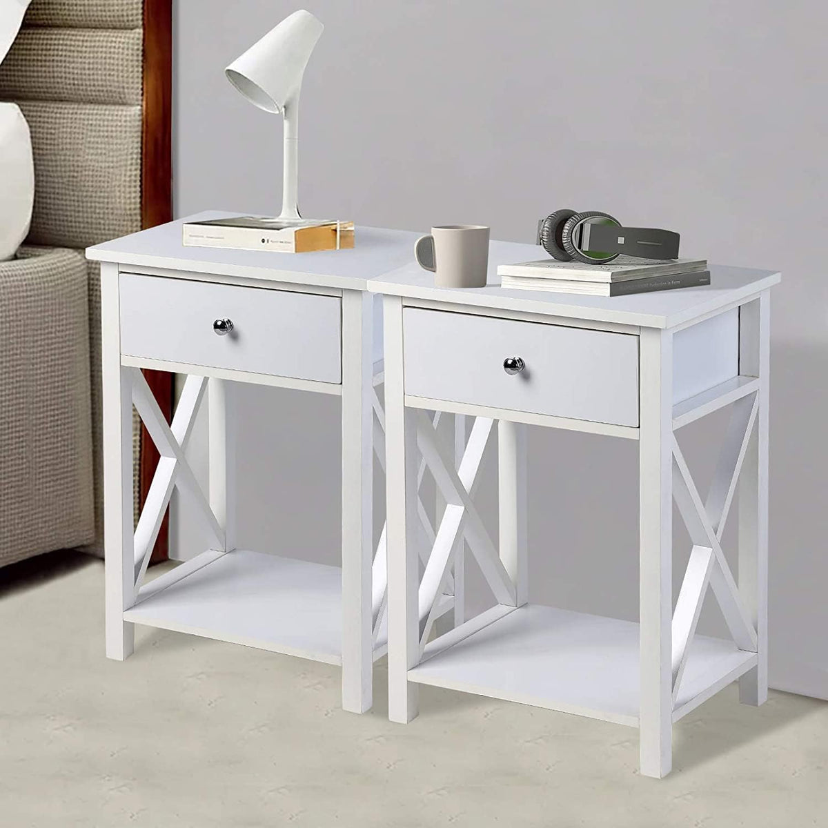 2 Pcs White Wooden Side End Table Night Stand with Bin Drawer J531968