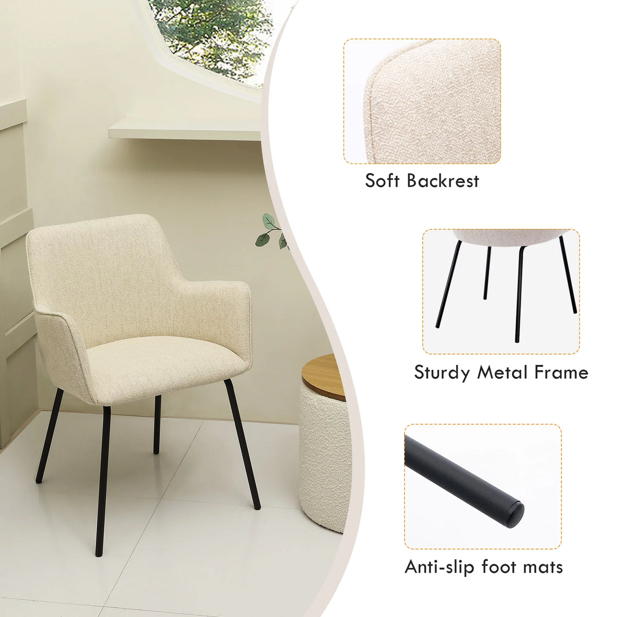 Beige Linen Upholstered Dining Chairs Set of 2 with Black Metal Legs L84825