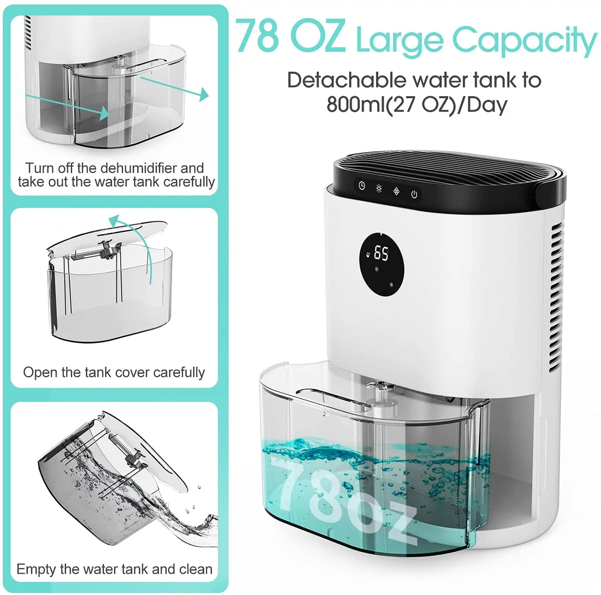 78oz 2300ml Portable Ultra Quiet Dehumidifier D764