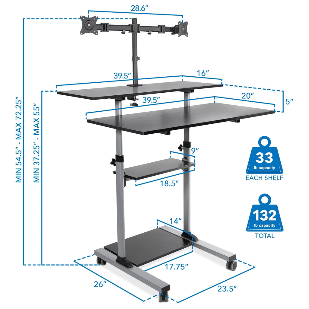 Extra Wide Mobile Standing Desk with Dual Monitor Mount P227