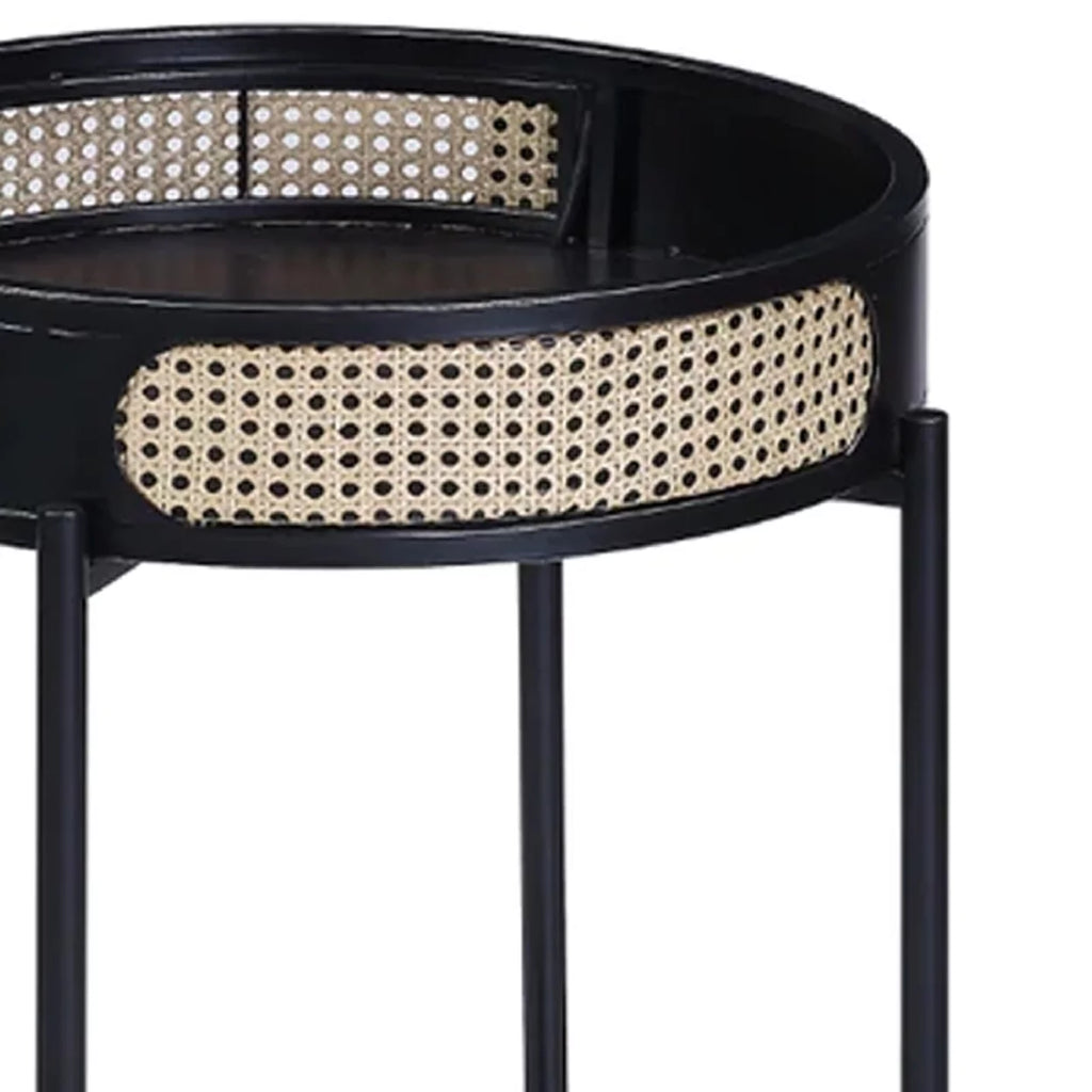 24 Inch Round End Table Rattan Accent Metal Legs Black U92652