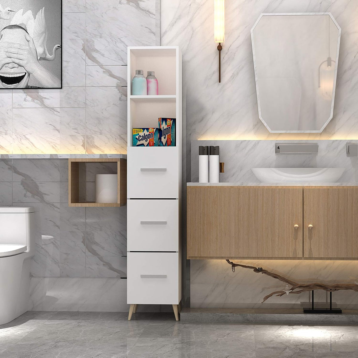 Ivory White Freestanding Bathroom Storage Cabinet with 2 Open Shelves M938224
