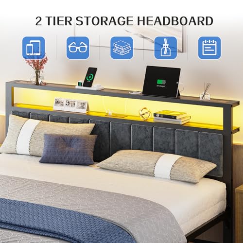 Queen Size Platform Bed Frame with Storage Headboard and Charging Station R422