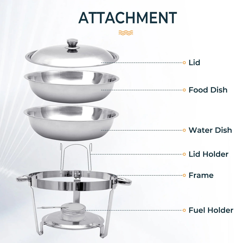 6 Pack 5QT Round Stainless Steel Chafing Dish Buffet Set A280