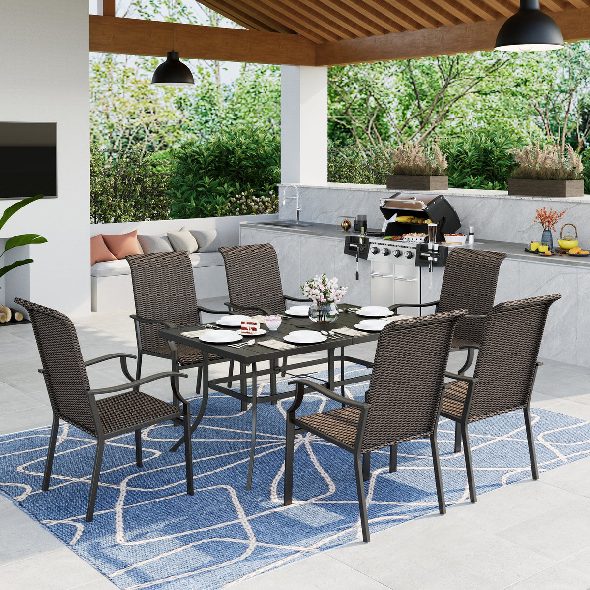 7 Pieces Outdoor Wicker Dining Set with 6 Chairs and Metal Table E886292