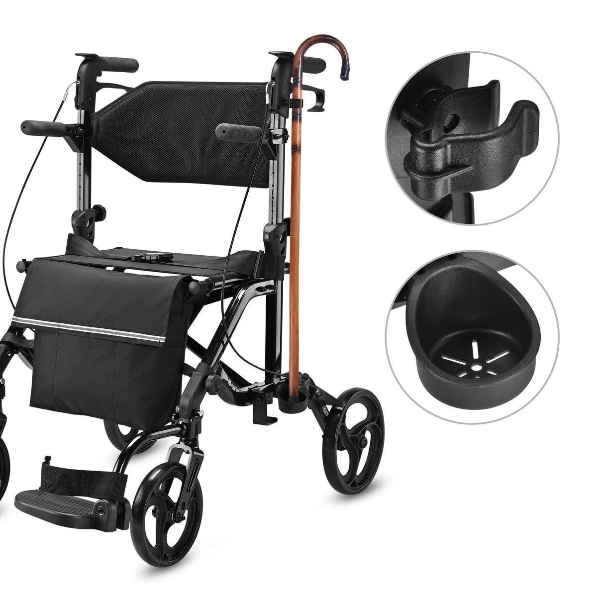 2 in 1 Rollator Walker Transport Wheelchair with Backrest Footrests Foldable Black O197