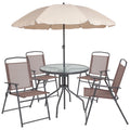 6-Piece Patio Set with Glass Table, Umbrella, and 4 Folding Chairs, Black D615056
