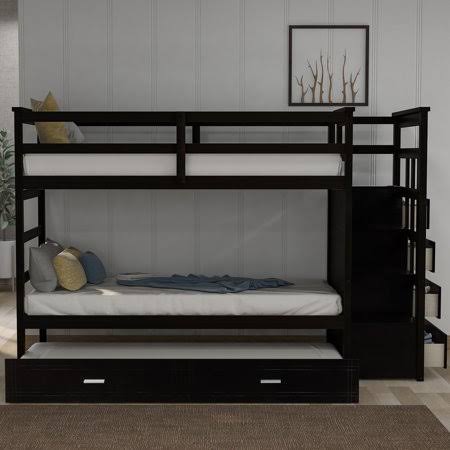 Twin Over Twin Solid Wood Bunk Bed with Trundle and Staircase R523574