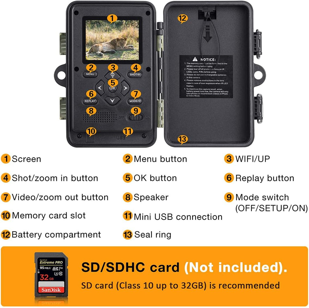 WiFi Bluetooth 1296P 20MP Hunting Game Camera Night Vision Waterproof IP66 S8486