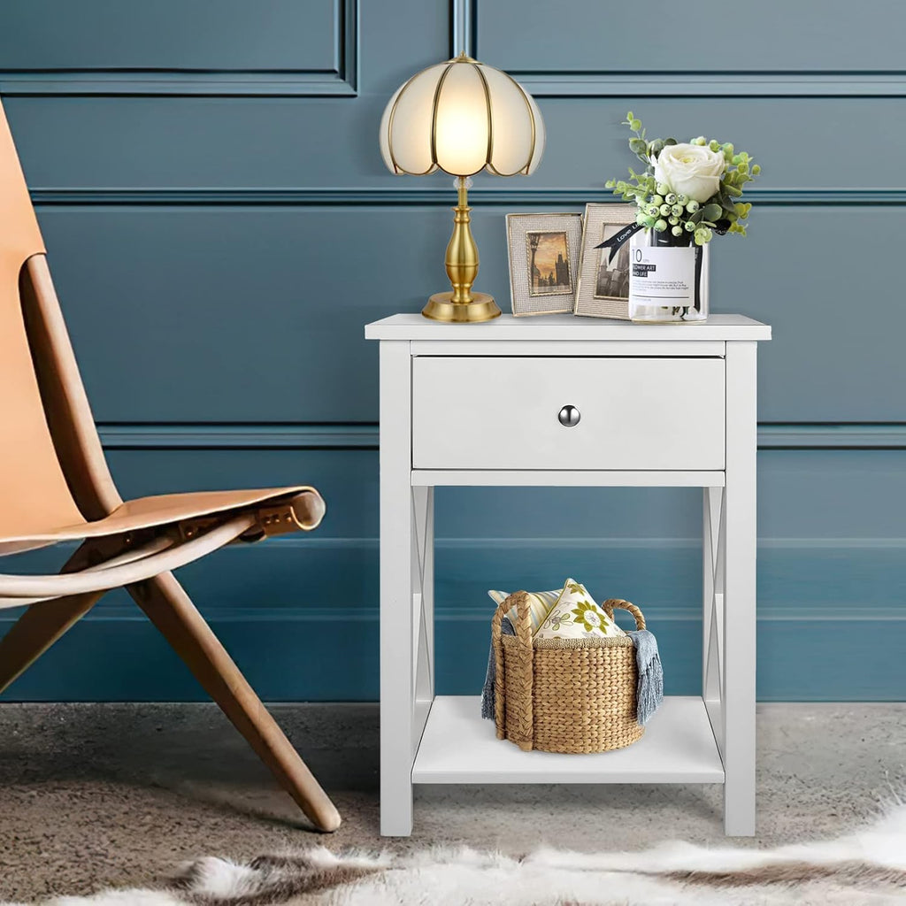 2 Pcs White Wooden Side End Table Night Stand with Bin Drawer J531968