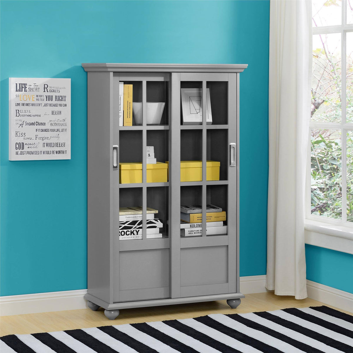Soft Gray Bookcase with Sliding Glass Doors J21112