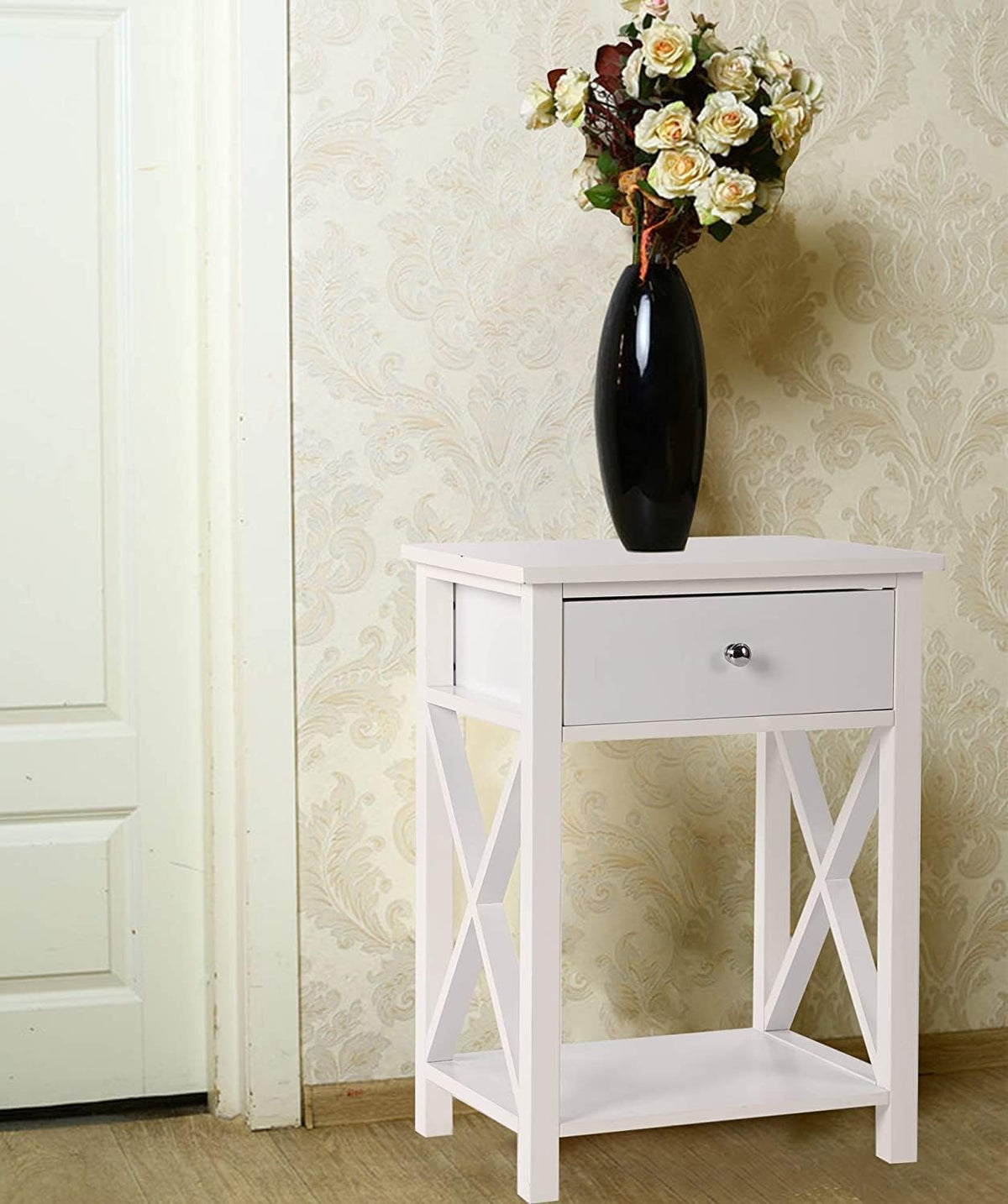 2 Pcs White Wooden Side End Table Night Stand with Bin Drawer J531968