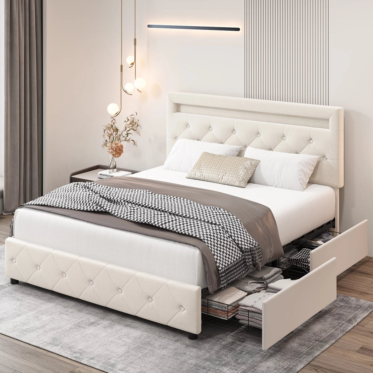 Full LED Bed Frame with 4 Storage Drawer, Upholstered Platform Bed with Adjustable Headboard, Black F7891