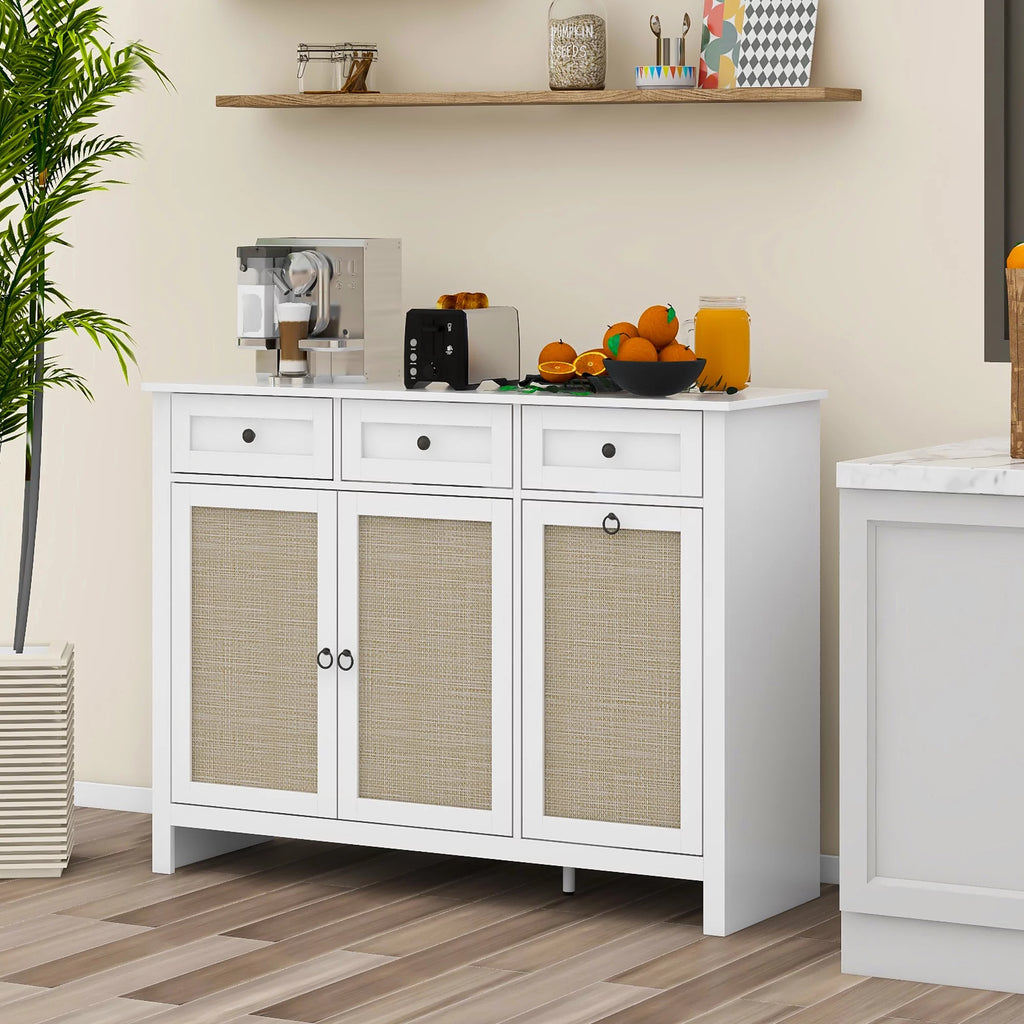 White Rattan Sideboard Buffet Cabinet with 3 Doors and 3 Drawer G827