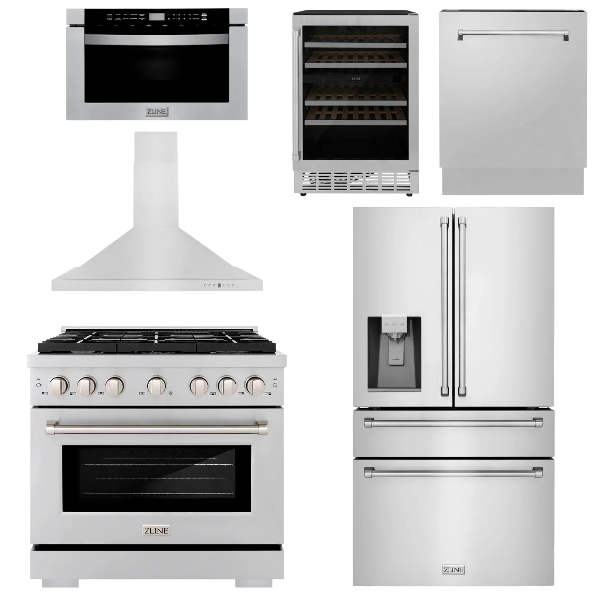 36 Gas Range, Range Hood, Refrigerator, Microwave Drawer, Dishwasher and Wine Cooler D2352