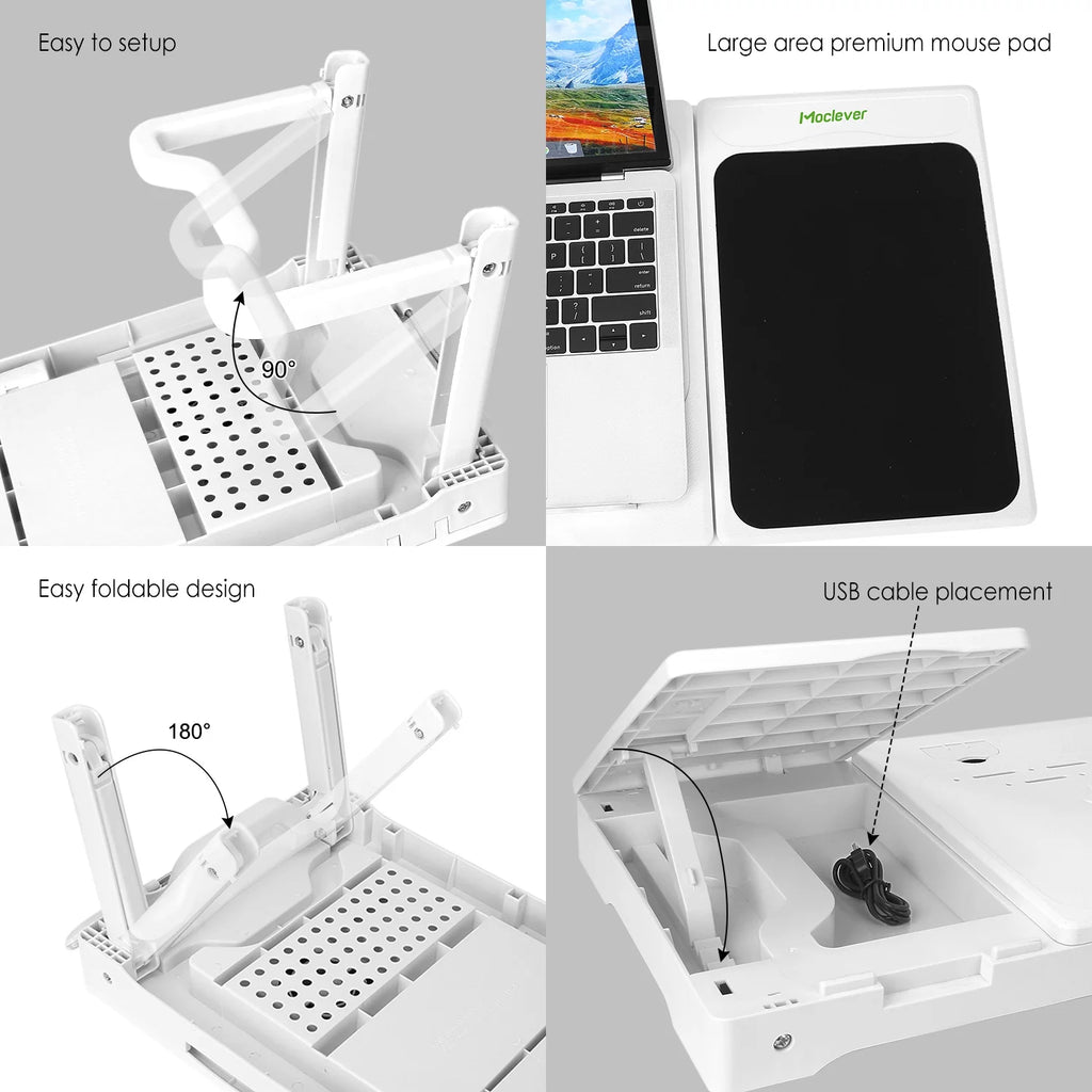 Portable Foldable Laptop Desk Bed Tray with USB Fans White D268479