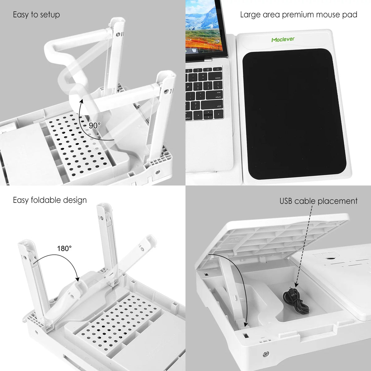 Portable Foldable Laptop Desk Bed Tray with USB Fans White D268479