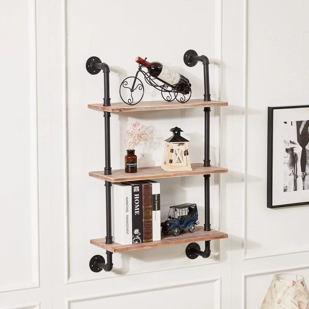 Industrial Pipe Real Wood Floating Wall Shelves 24 Inches X3427