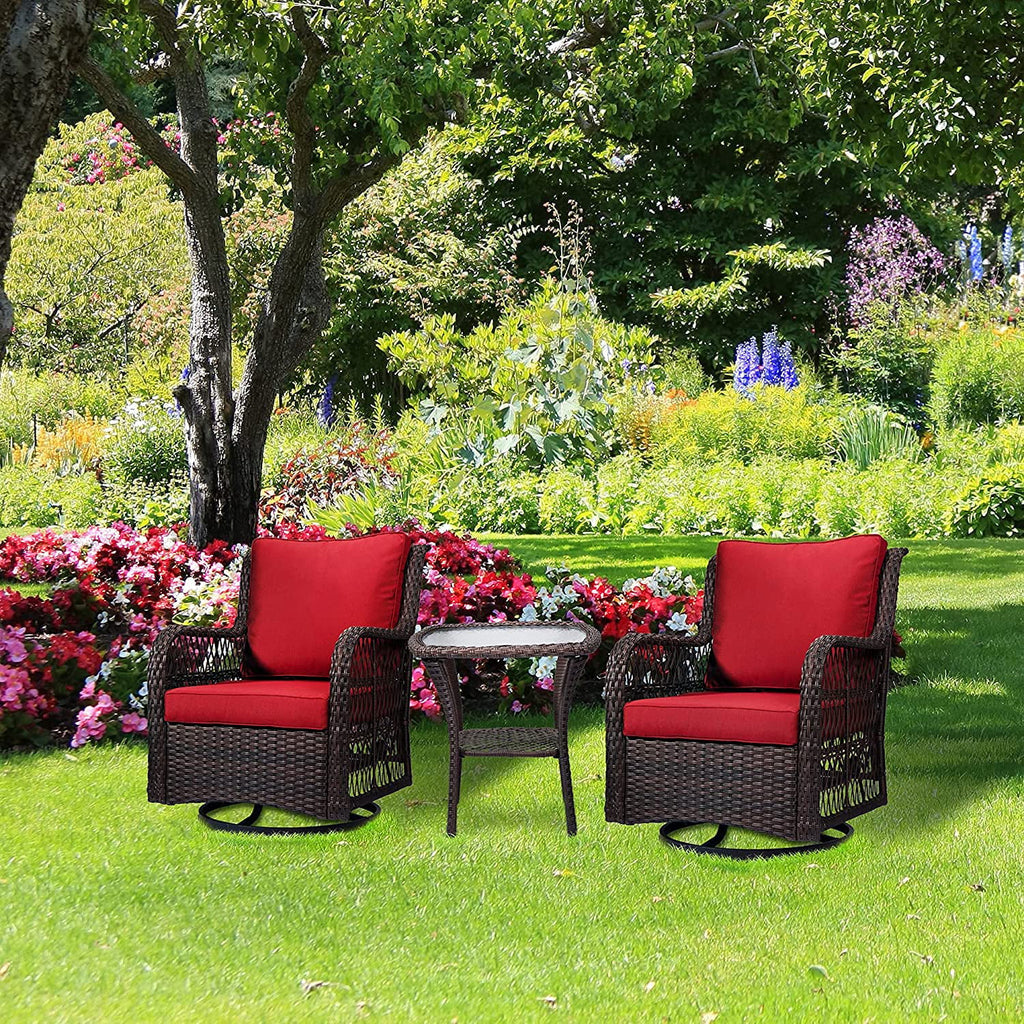 Outdoor Wicker Swivel Rocker Patio Set with Cushions and Glass Top Side Table A3311