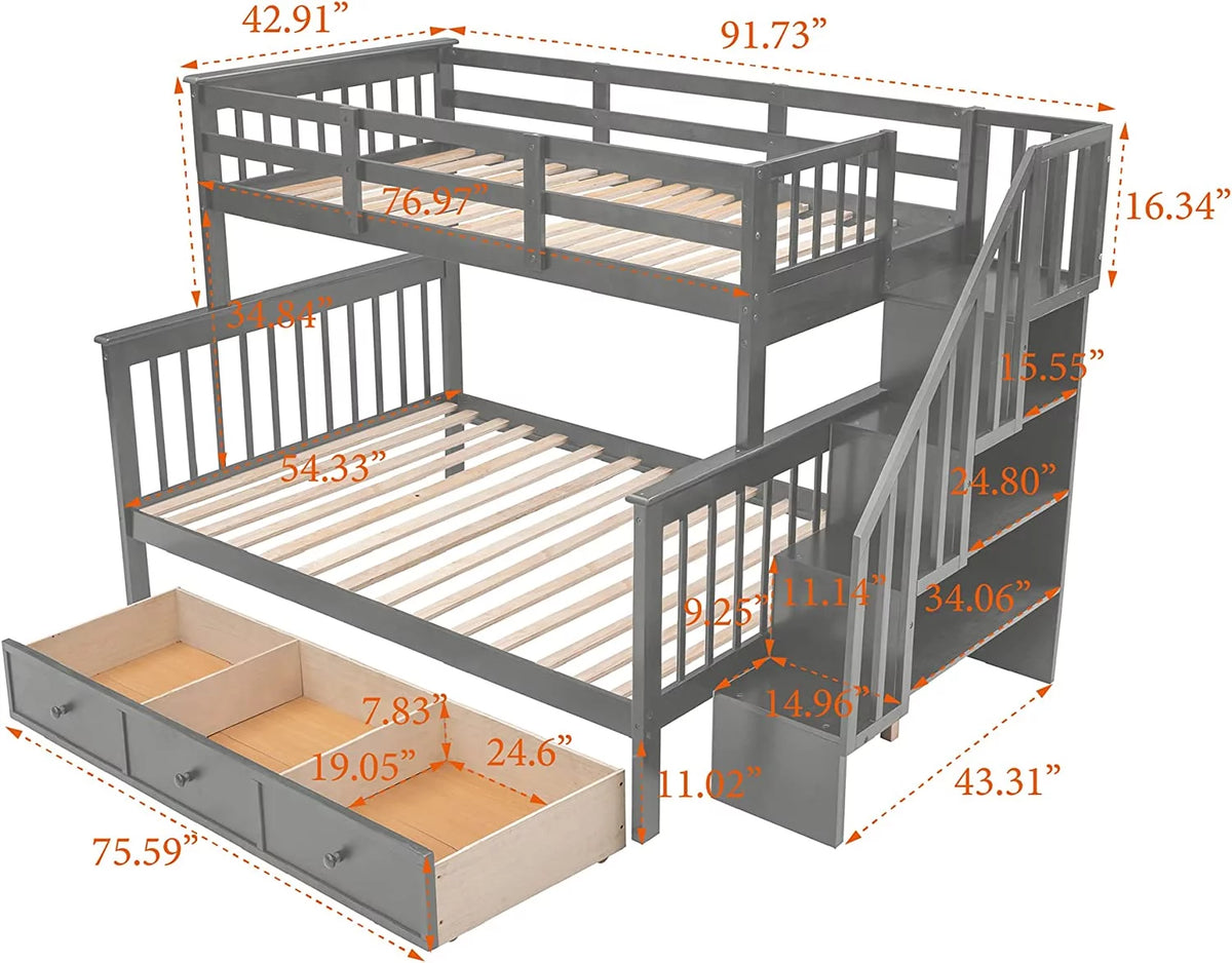 Gray Bunk Bed with Stairs and Storage Drawers X214943