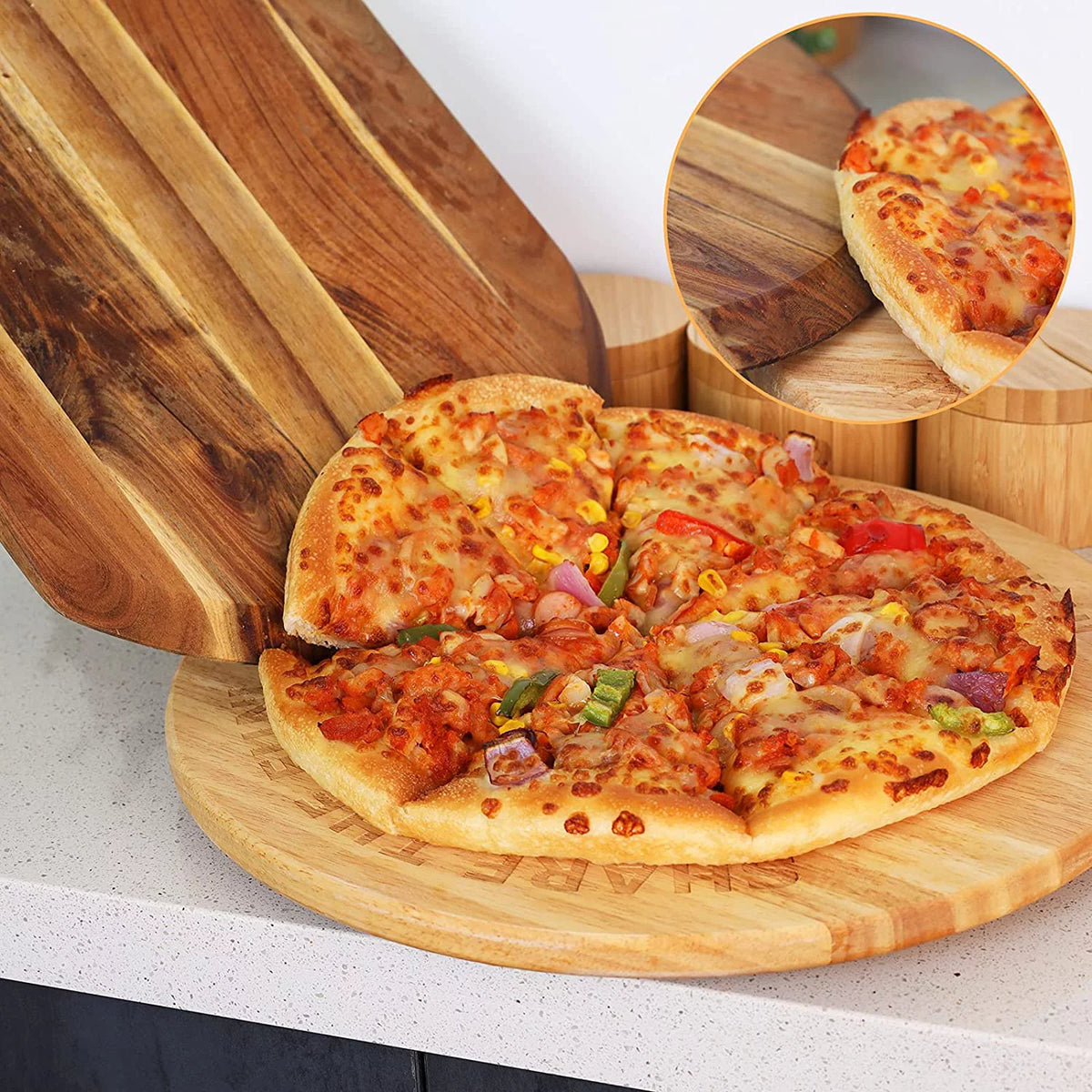 Acacia Wood Pizza Board With Cutter D91396