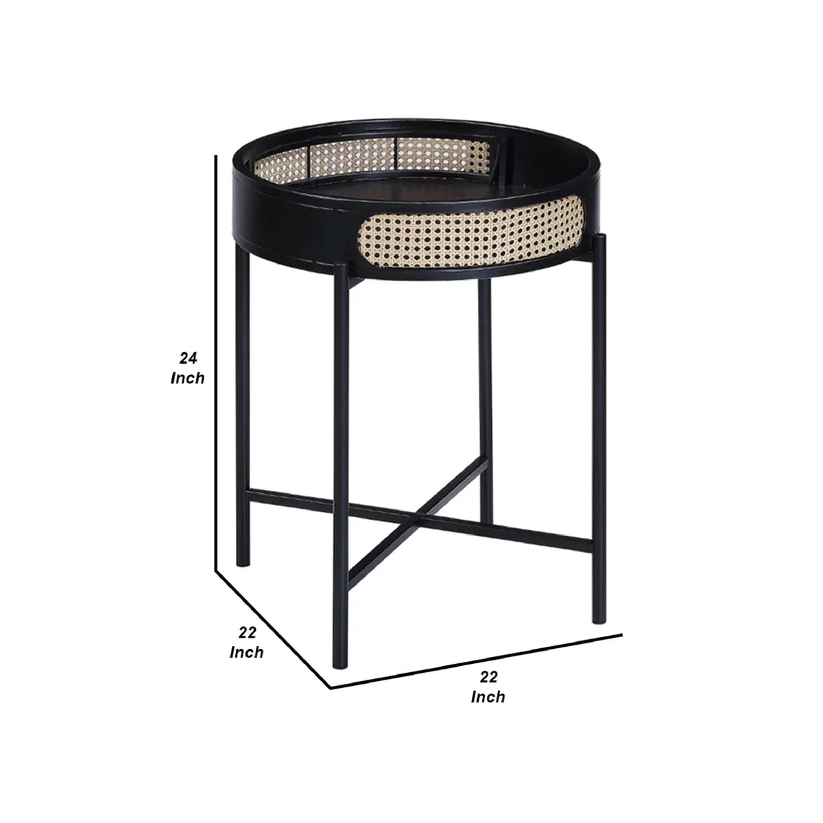 24 Inch Round End Table Rattan Accent Metal Legs Black U92652