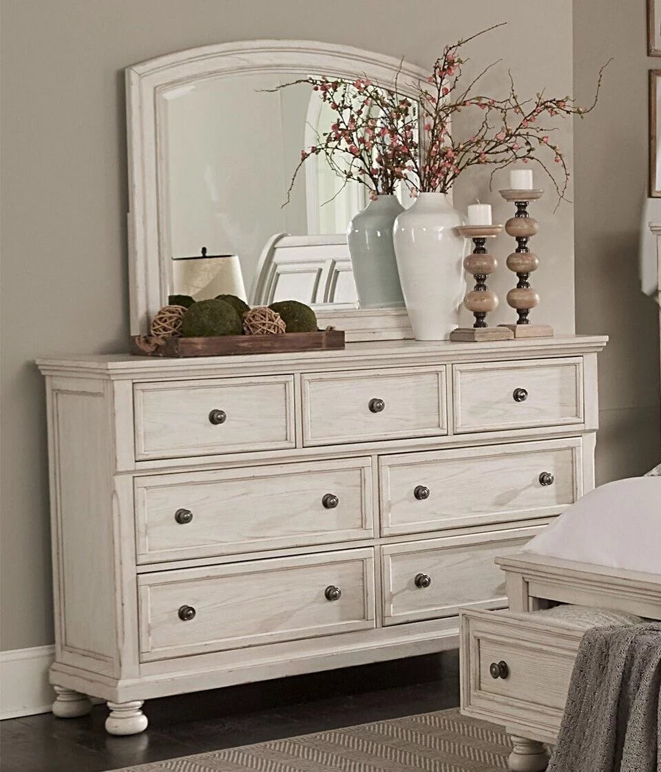 King 5pc Bedroom Set Platform Bed Dresser Mirror Chest Nightstand White J784