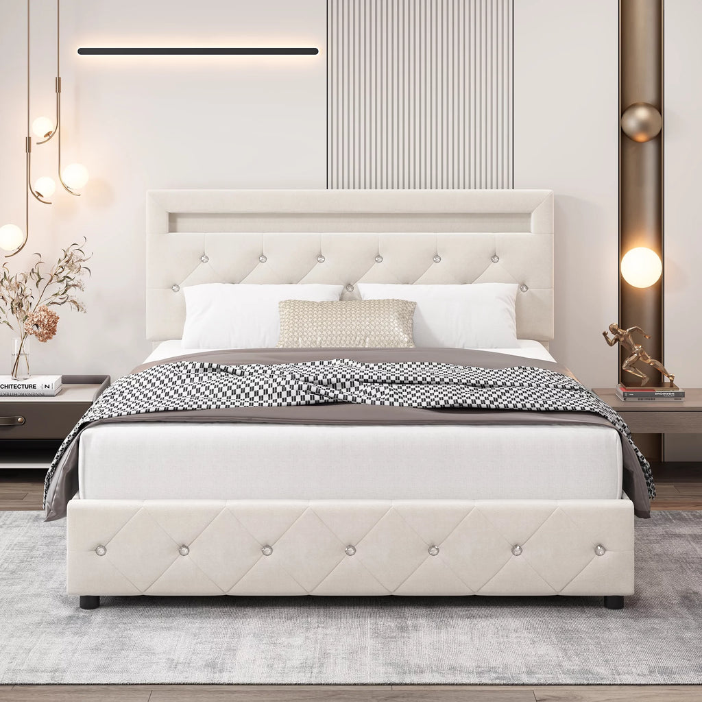 Full LED Bed Frame with 4 Storage Drawer, Upholstered Platform Bed with Adjustable Headboard, Black F7891
