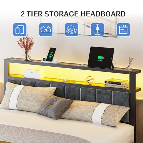 Queen Size Platform Bed Frame with Storage Headboard and Charging Station R422