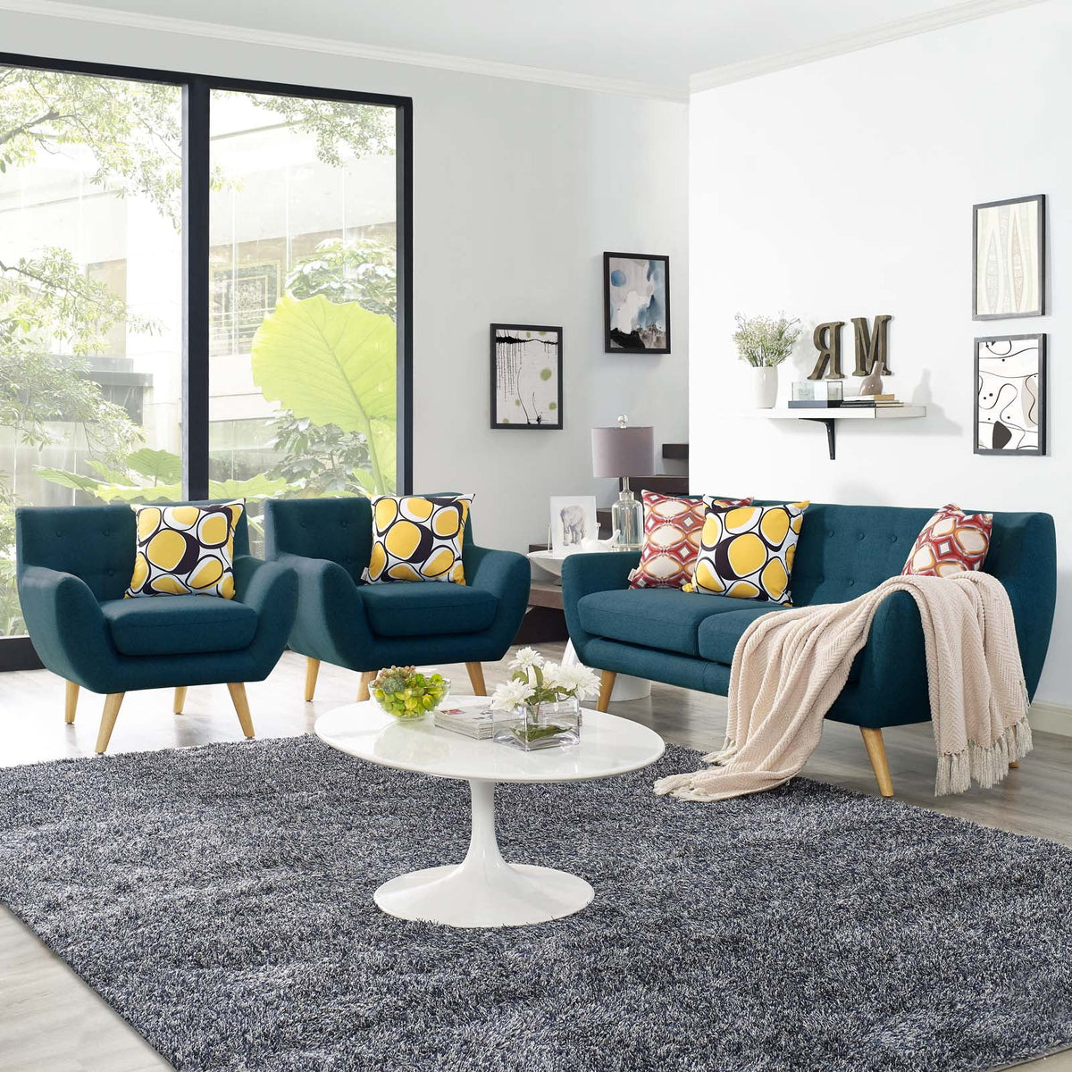 Navy Blue Fabric Armchair and Sofa Set C7177