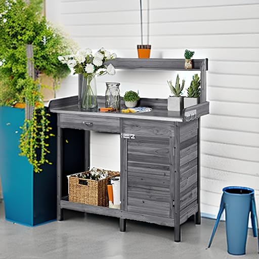 Gray Wooden Potting Bench with Cabinet Drawer B81619