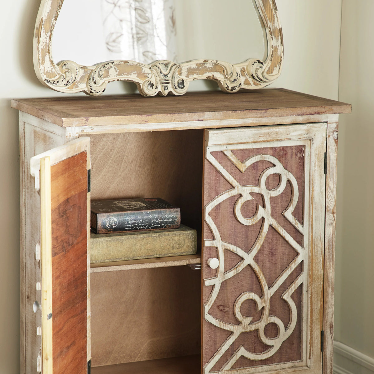 Light Brown Wood 1 Shelf 2 Door Geometric Cabinet R68220