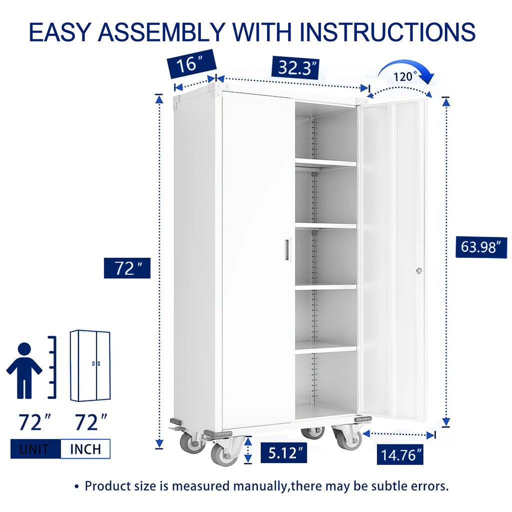 72” Locking Metal Garage Storage Cabinet with Wheels & Pegboards, White N985772
