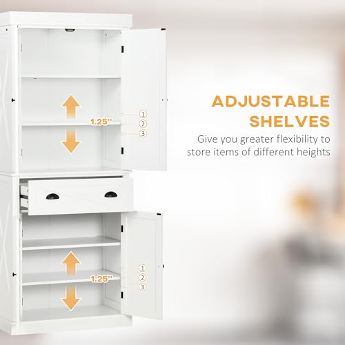White Kitchen Pantry Storage Cabinet with 4 Doors and 3 Adjustable Shelves H385626