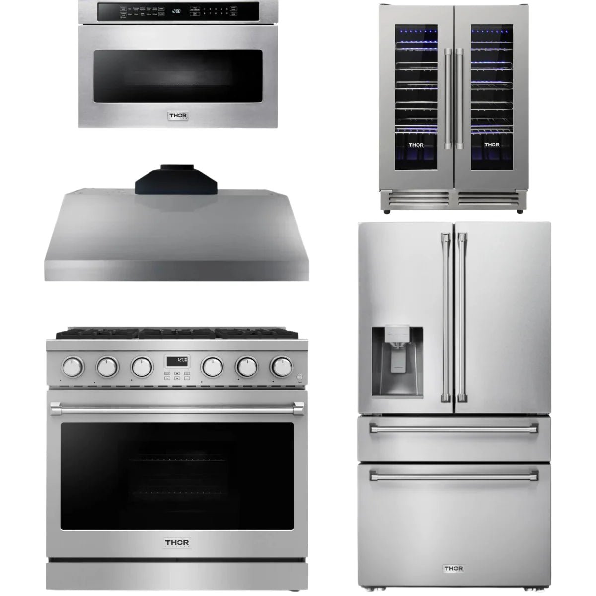 36 Gas Range, Range Hood, Refrigerator, Microwave and Wine Cooler T675456