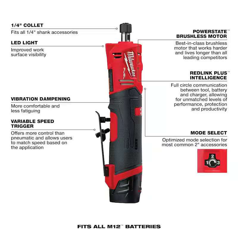 12V Lithium-Ion Brushless Cordless 1/4 in. Straight Die Grinder Kit H736