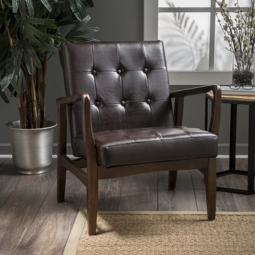 Mid Century Modern Faux Leather Club Chair with Wood Frame I936