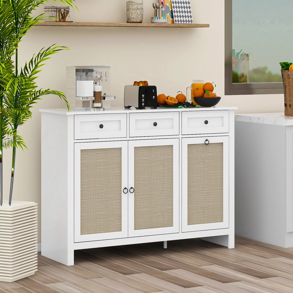 White Rattan Sideboard Buffet Cabinet with 3 Doors and 3 Drawer G827