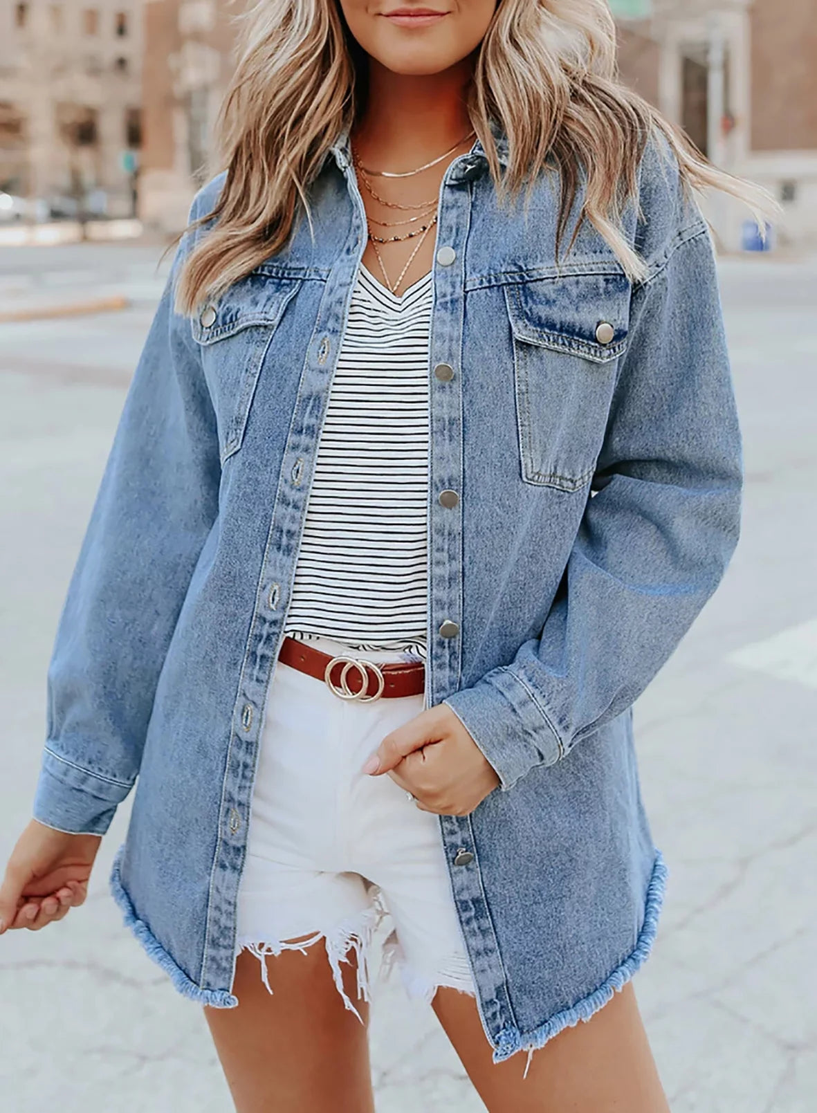 Sky Blue Long Sleeve Loose Denim Jacket R66153