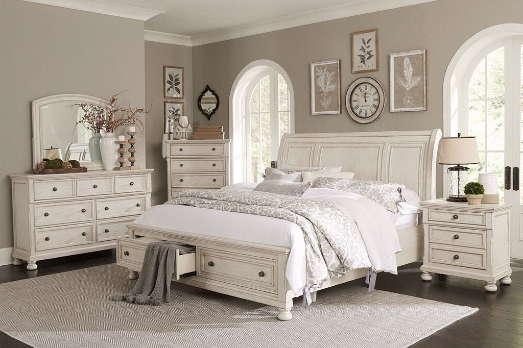 King 5pc Bedroom Set Platform Bed Dresser Mirror Chest Nightstand White J784