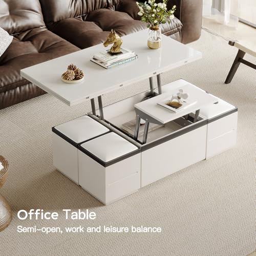 White Lifting Top Coffee Table with Four Stools N82972
