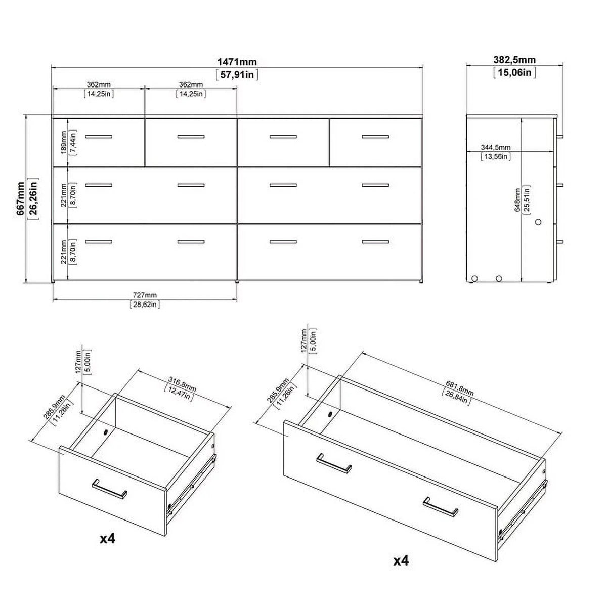 Oak Structure White 8 Drawer Double Dresser Q76413