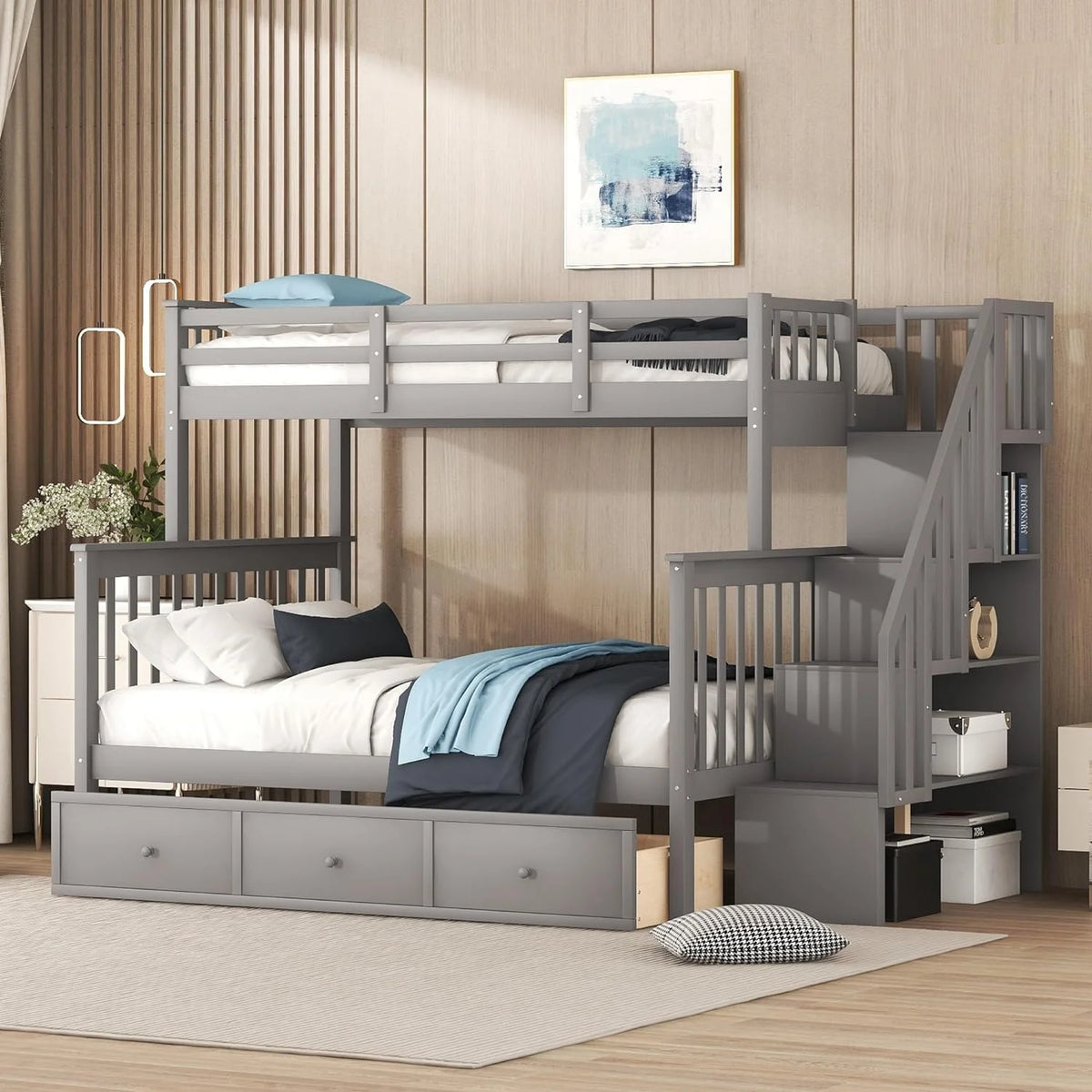 Gray Bunk Bed with Stairs and Storage Drawers X214943
