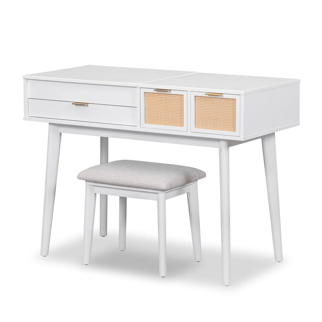 White Wood Makeup Dresser with Flip-top Mirror and Stool A61320