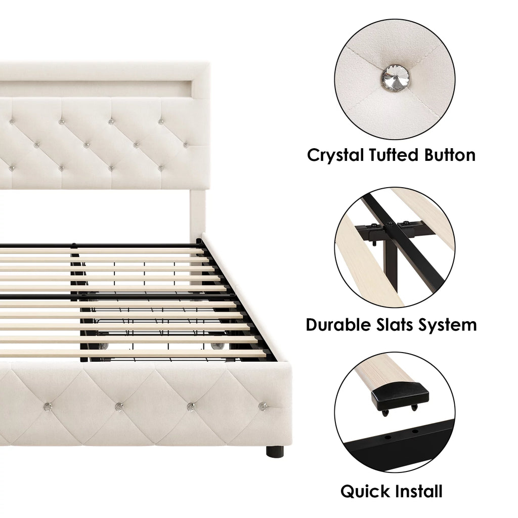 Full LED Bed Frame with 4 Storage Drawer, Upholstered Platform Bed with Adjustable Headboard, Black F7891