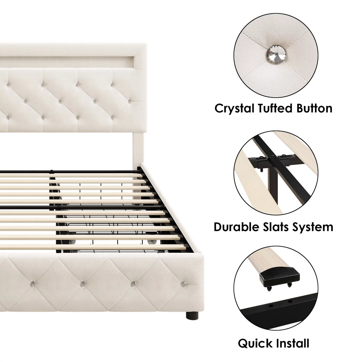 Full LED Bed Frame with 4 Storage Drawer, Upholstered Platform Bed with Adjustable Headboard, Black F7891