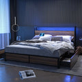 Queen Size LED Metal Bed Frame with 4 Storage Drawers and Headboard W29057